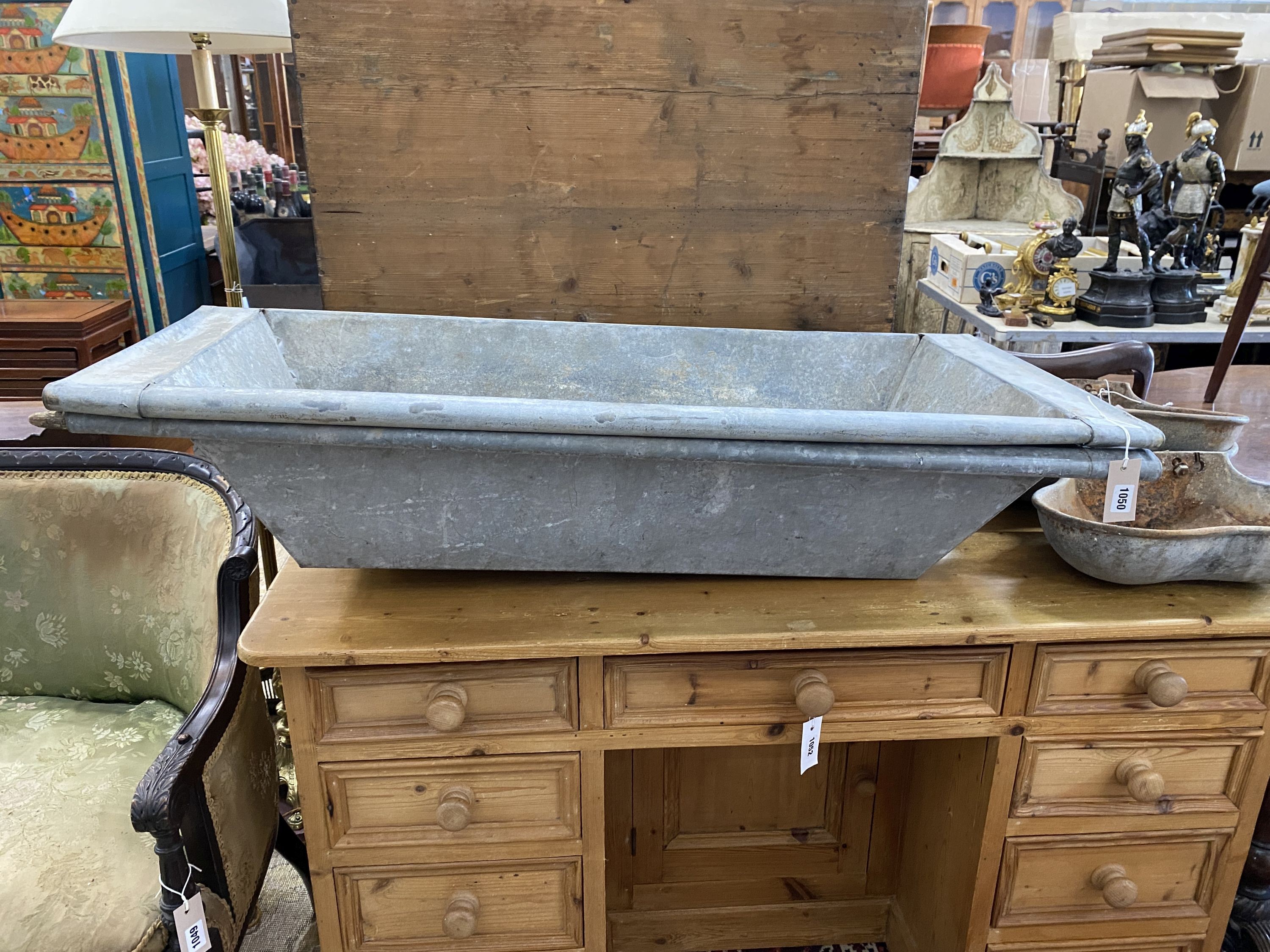 A pair of vintage rectangular galvanised troughs, width 111cm, depth 50cm, height 22cm